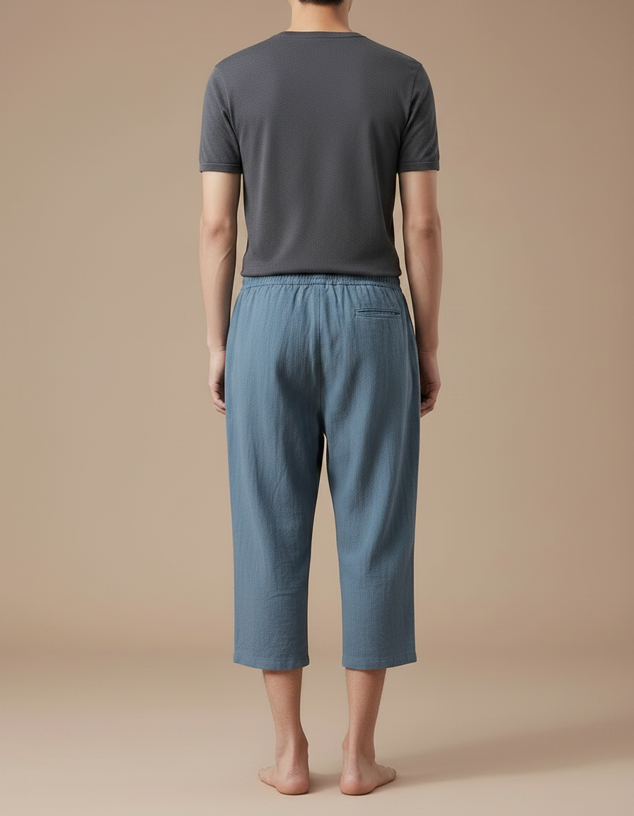 Pantalon Japonais Bleu Coton Ample Court Cordon Décontracté - Lin - vue 2