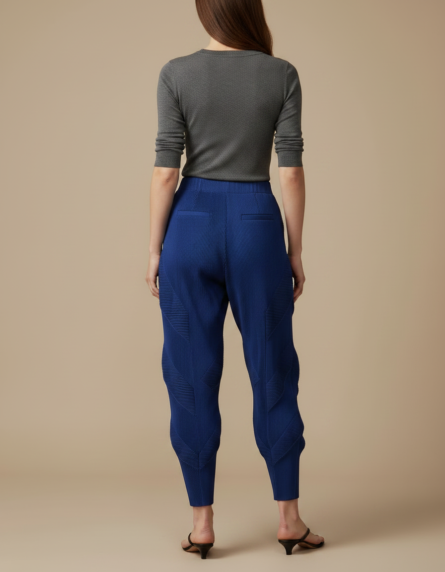 Pantalon Japonais Plissé Bleu Texturé Élastique Femme - Polyester - vue 2