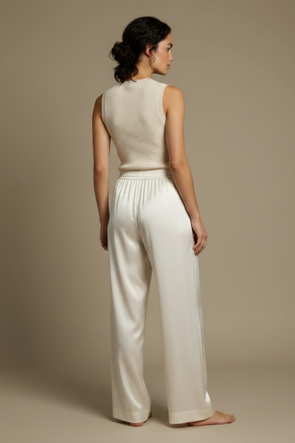 Pantalon Japonais Crème Fluide Satin Large Élégant - Blanc - vue 2