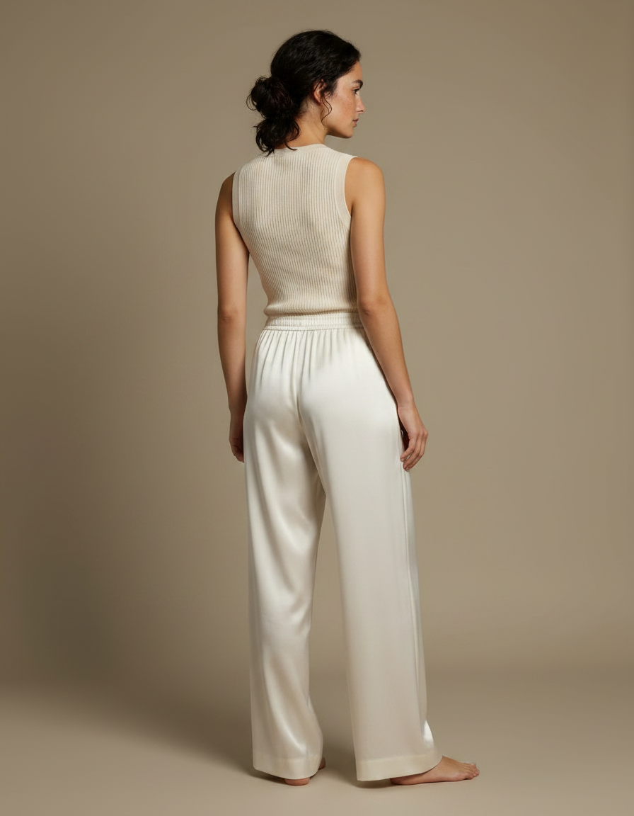 Pantalon Japonais Crème Fluide Satin Large Élégant - Blanc - vue 2