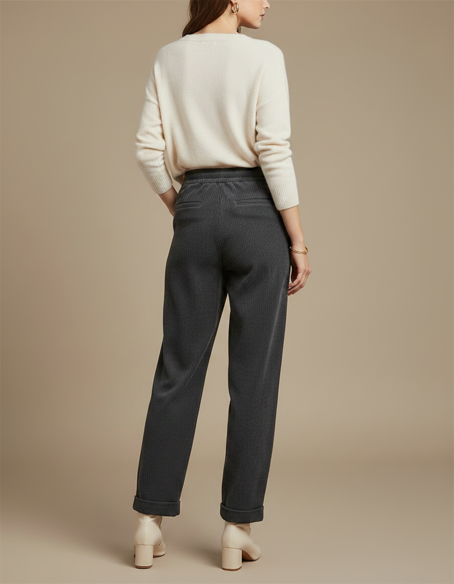 Pantalon Japonais Côtelé Ample Gris Cordon Décontracté - Cordé - vue 2