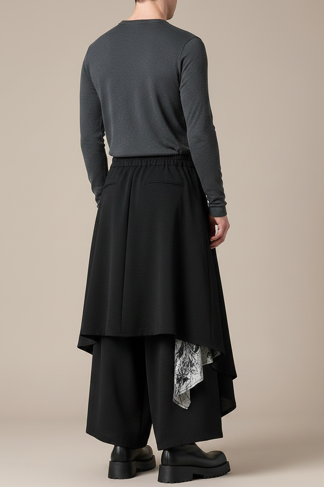 Pantalon Japonais Noir Asymétrique Imprimé Fluide Ample - Polyester - vue 2