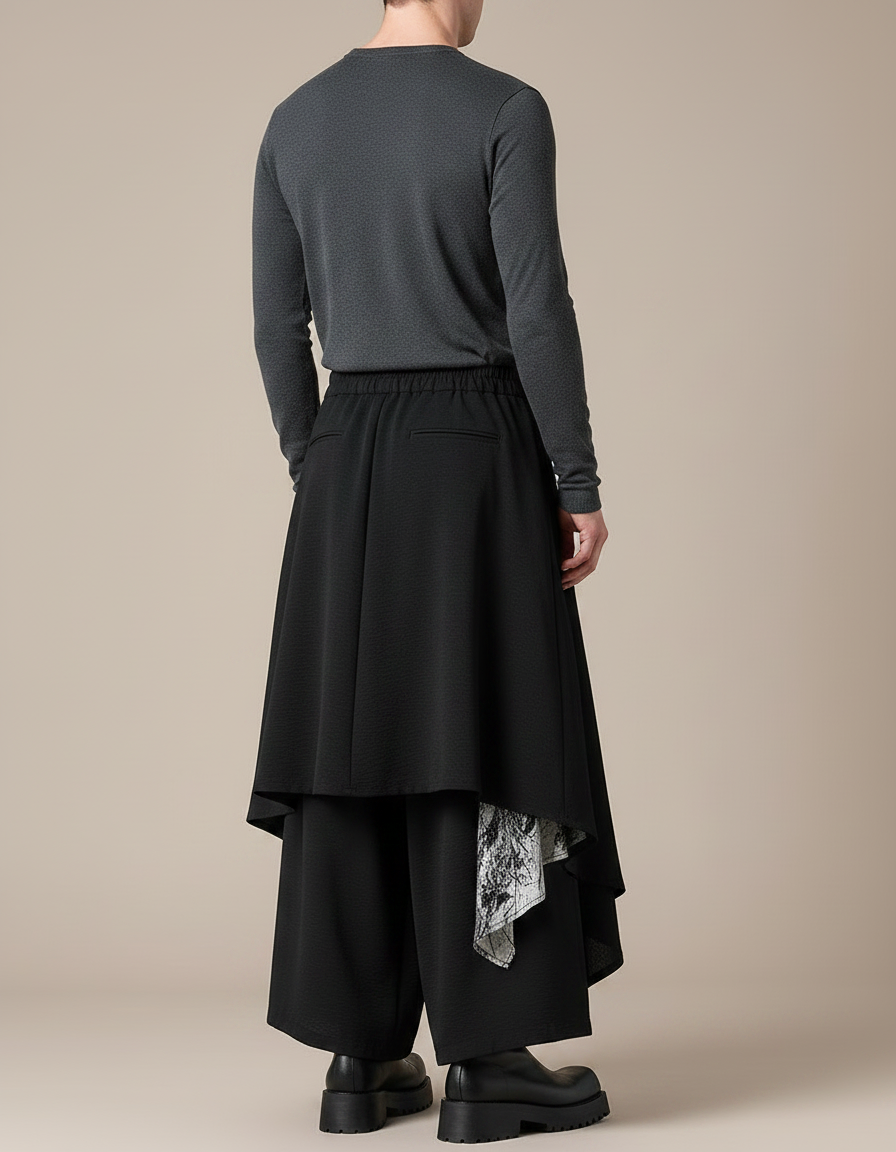 Pantalon Japonais Noir Asymétrique Imprimé Fluide Ample - Polyester - vue 2
