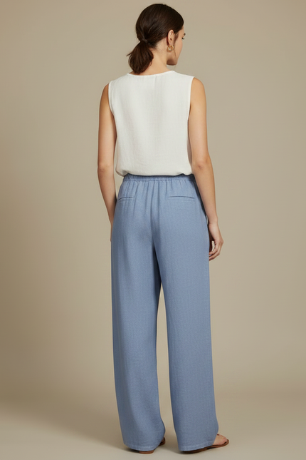 Pantalon Japonais Bleu Lin Ample Cordon Fluide - vue 2