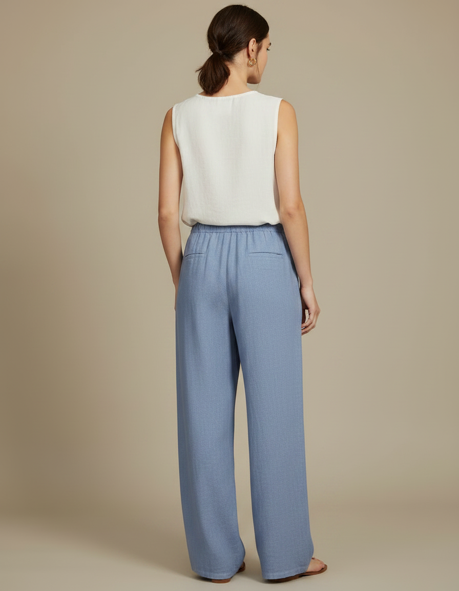 Pantalon Japonais Bleu Lin Ample Cordon Fluide - vue 2