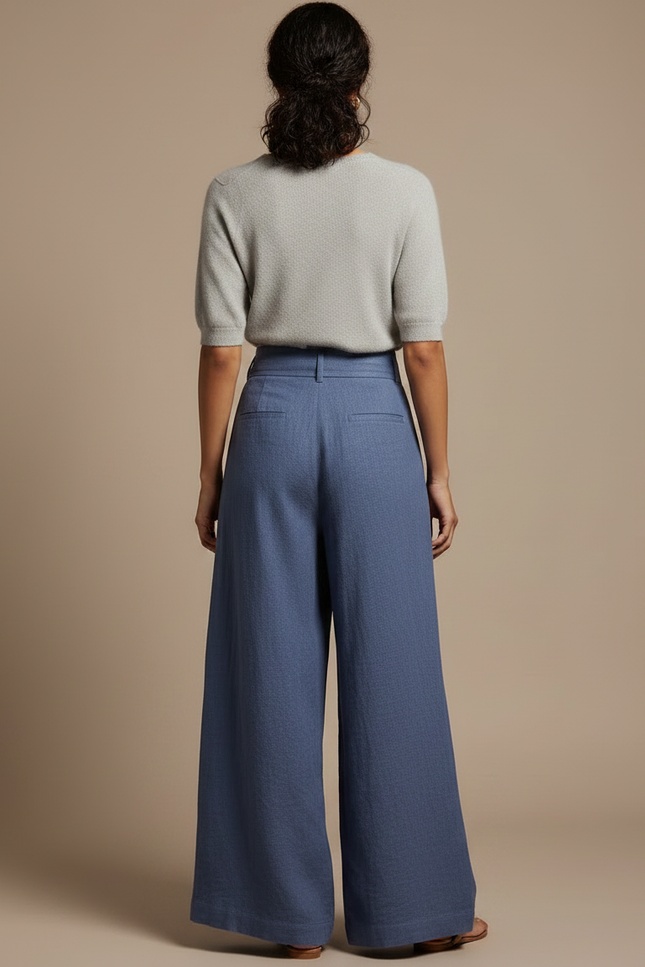 Pantalon Japonais Bleu Lin Ample Fluide Élégant - vue 2