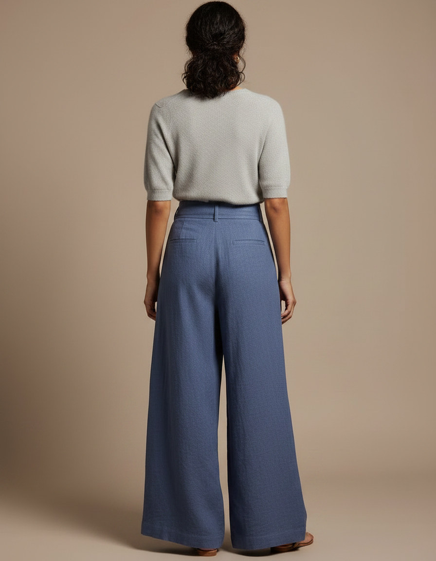 Pantalon Japonais Bleu Lin Ample Fluide Élégant - vue 2