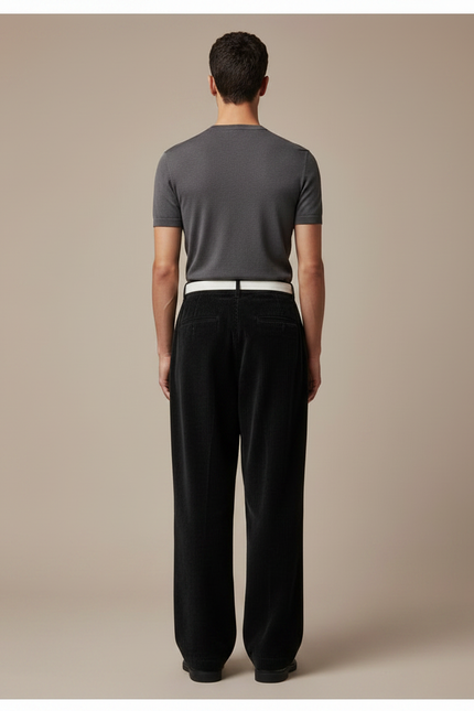 Pantalon Japonais Velours Côtelé Noir Large Cordon Décontracté - Cordé - vue 2