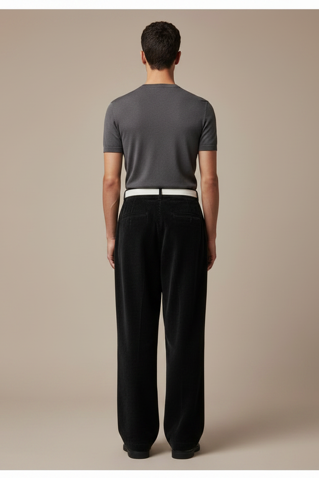 Pantalon Japonais Velours Côtelé Noir Large Cordon Décontracté - Cordé - vue 2