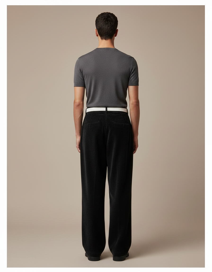 Pantalon Japonais Velours Côtelé Noir Large Cordon Décontracté - Cordé - vue 2