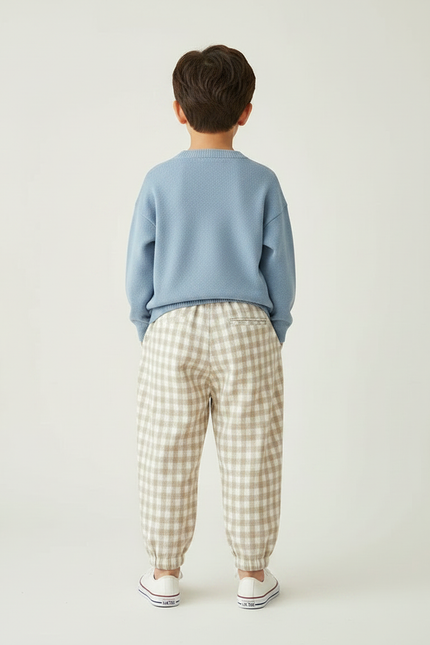 Pantalon Japonais Carreaux Beige Ample Élastique Cordon - Laine - vue 2