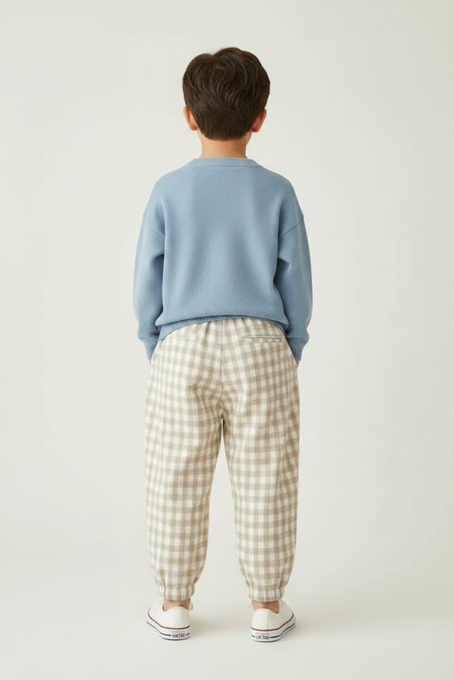 Pantalon Japonais Carreaux Beige Ample Élastique Cordon - Laine - vue 2