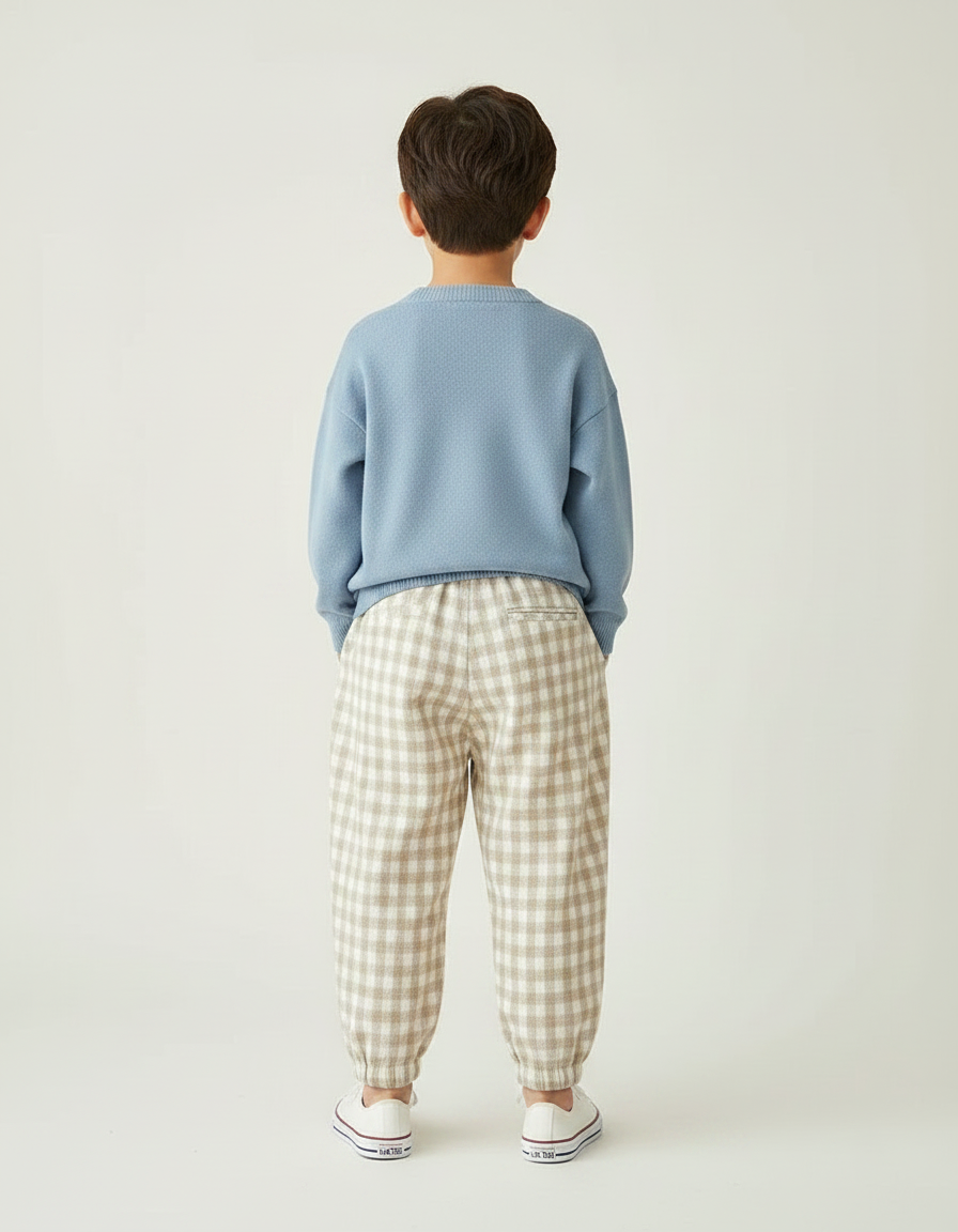 Pantalon Japonais Carreaux Beige Ample Élastique Cordon - Laine - vue 2