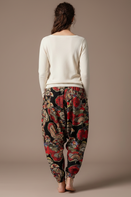 Pantalon Japonais Harem Éventails Imprimé Fluide Bohème - Multicolore Viscose - vue 2