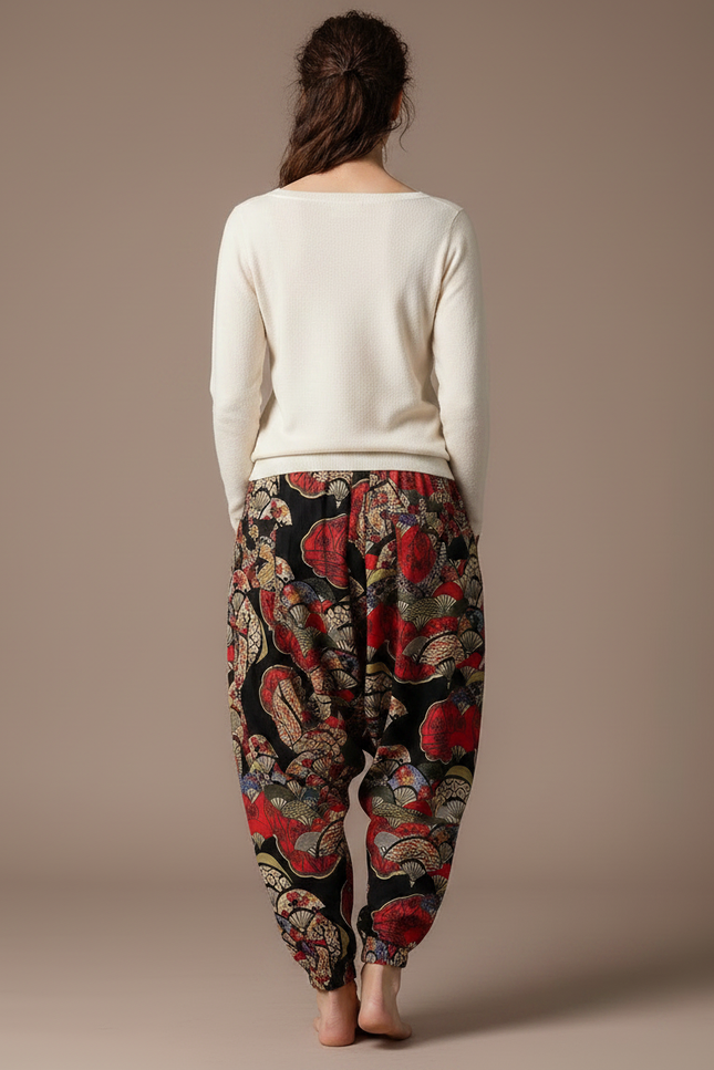 Pantalon Japonais Harem Éventails Imprimé Fluide Bohème - Multicolore Viscose - vue 2