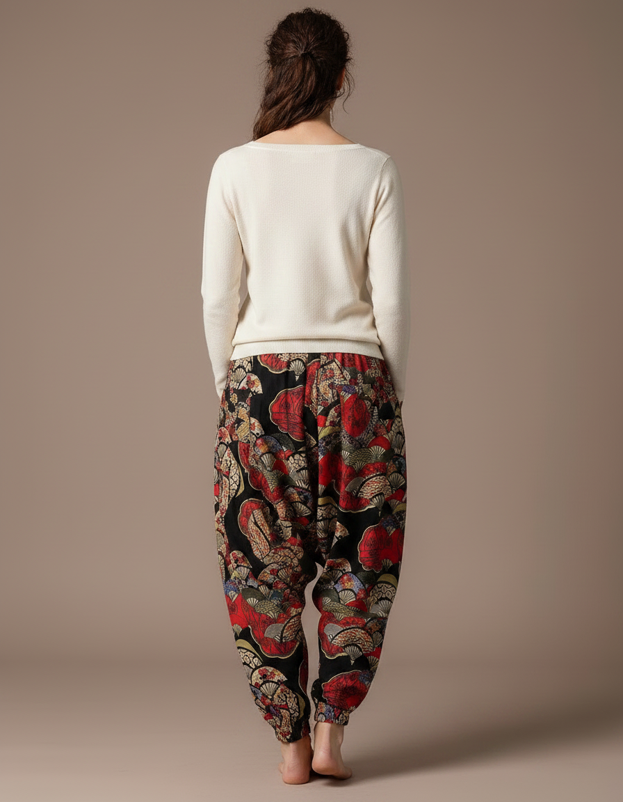 Pantalon Japonais Harem Éventails Imprimé Fluide Bohème - Multicolore Viscose - vue 2