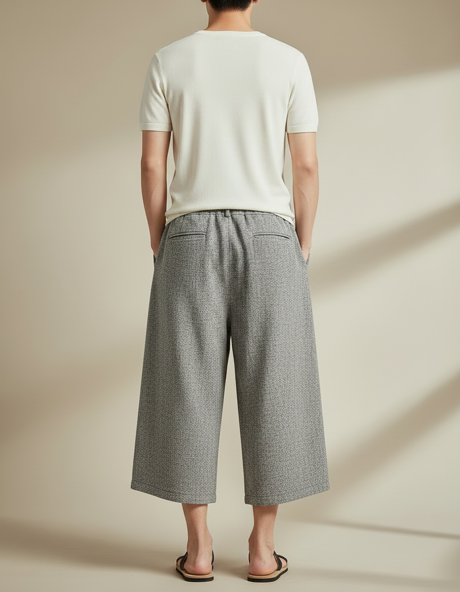Pantalon Japonais Gris Ample Lin Décontracté Cordon - vue 2