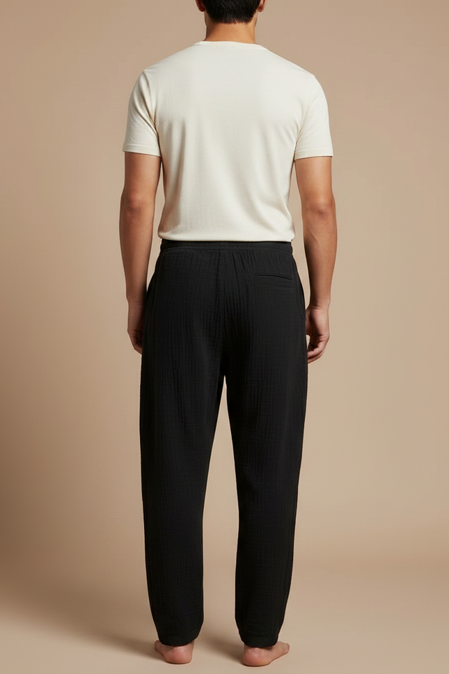 Pantalon Japonais Noir Texturé Ample Coton Confortable - vue 2