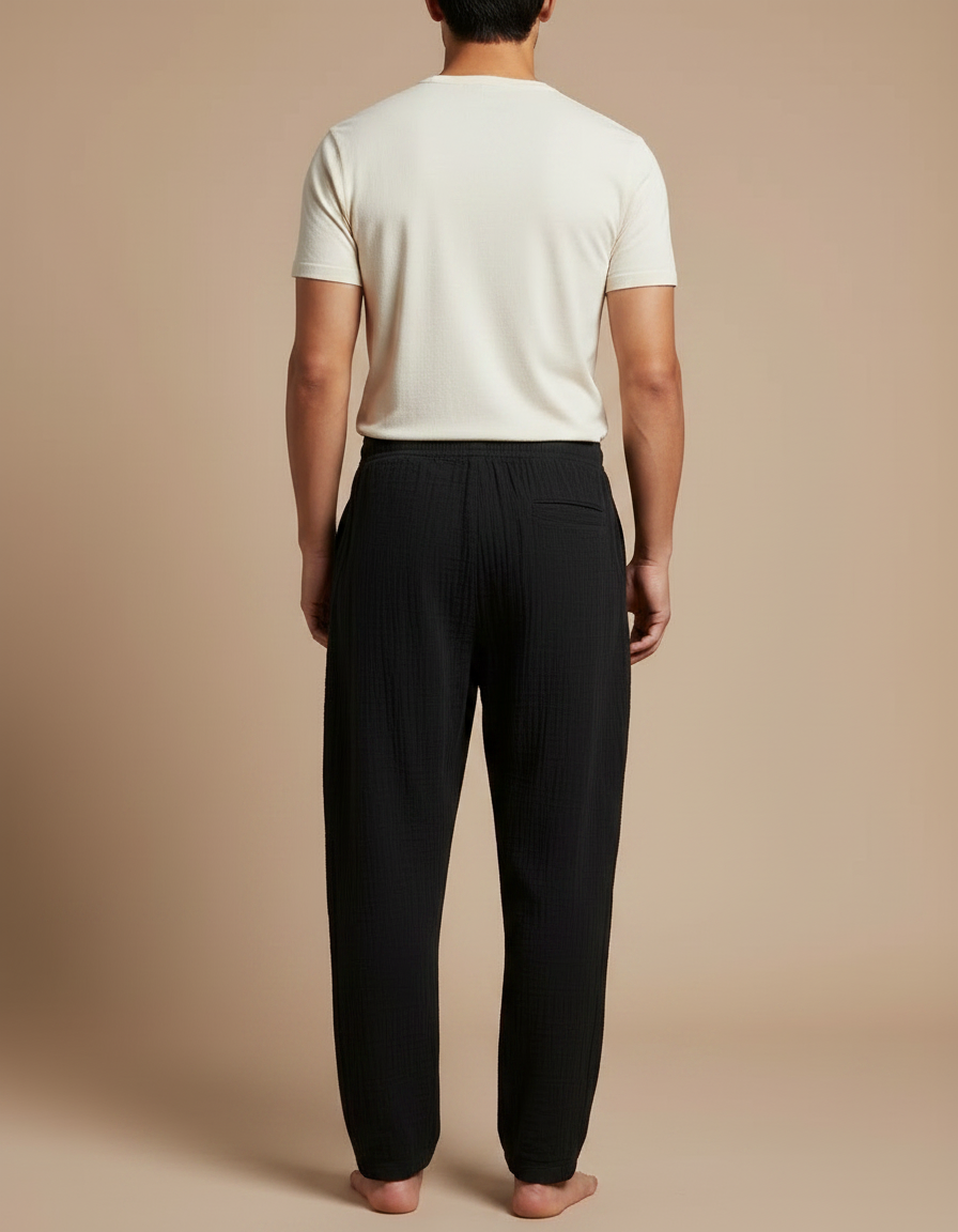 Pantalon Japonais Noir Texturé Ample Coton Confortable - vue 2