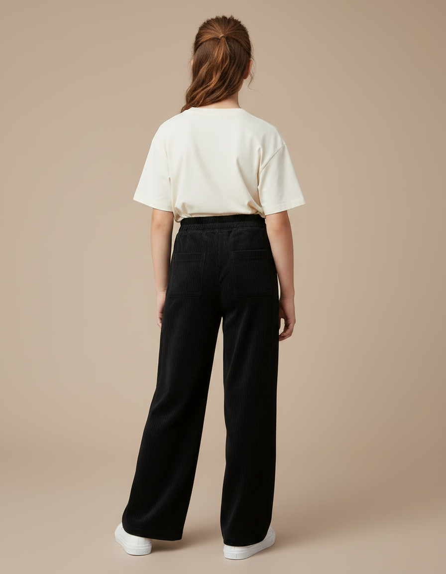 Pantalon Japonais Noir Côtelé Ample Droit Décontracté - Cordé - vue 2
