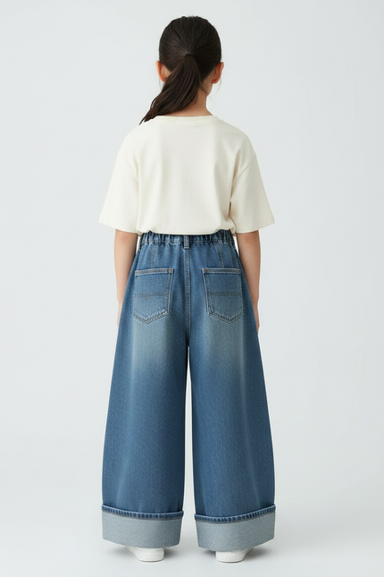 Pantalon Japonais Denim Ample Large Fille Décontracté - Bleu Jean - vue 2