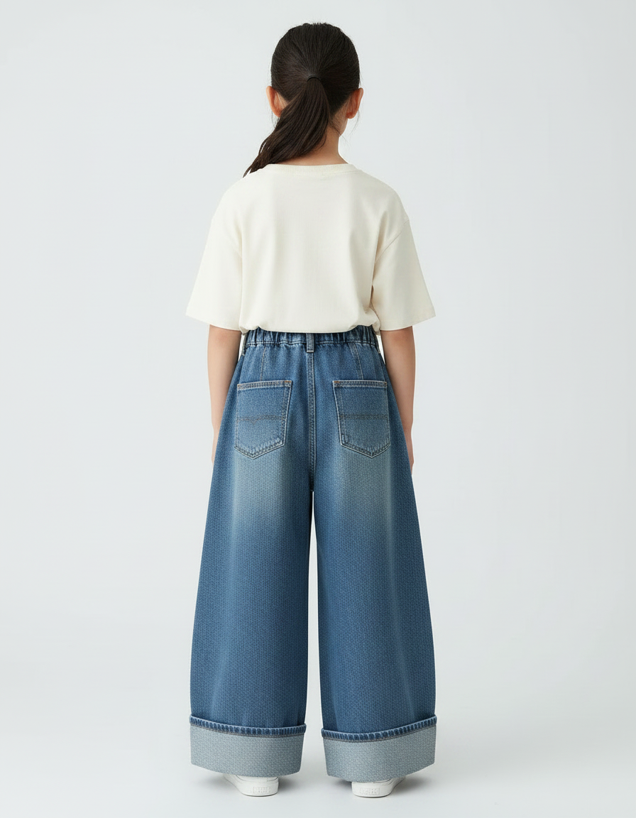 Pantalon Japonais Denim Ample Large Fille Décontracté - Bleu Jean - vue 2