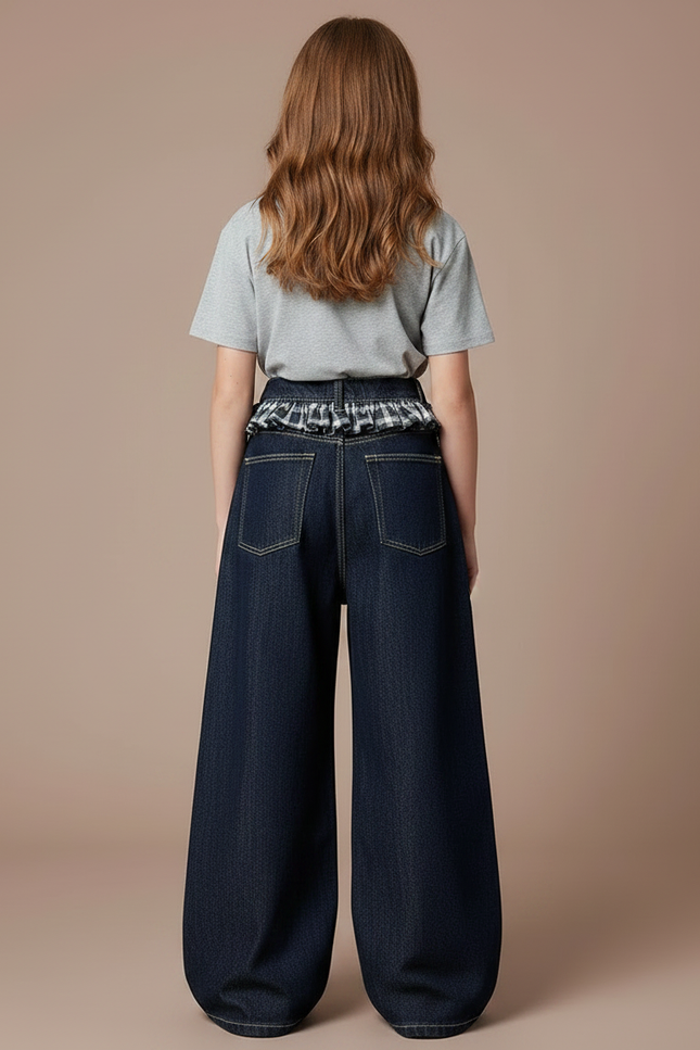 Pantalon Japonais Denim Ample Plaid Fille Décontracté - Marine Jean - vue 2