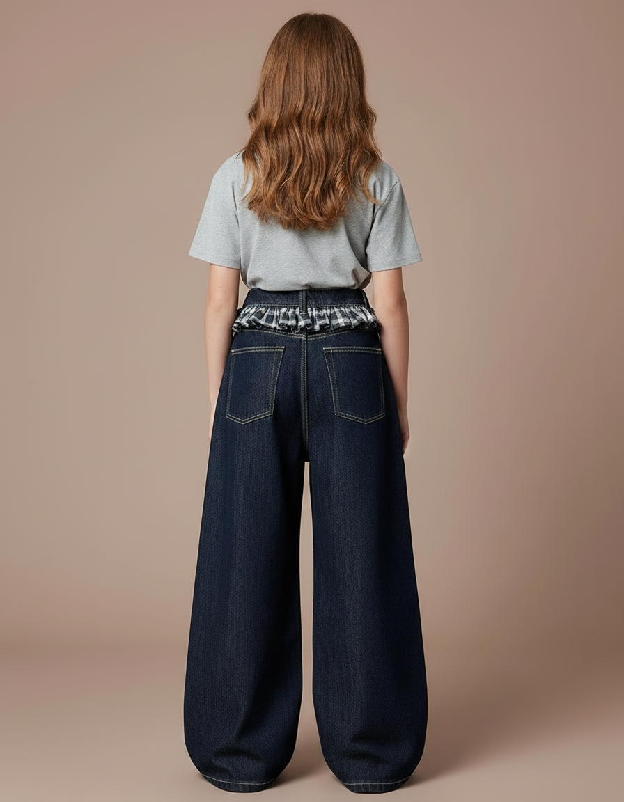 Pantalon Japonais Denim Ample Plaid Fille Décontracté - Marine Jean - vue 2