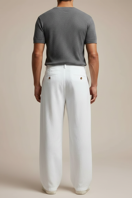 Pantalon Japonais Blanc Lin Ample Décontracté Boutons - vue 2