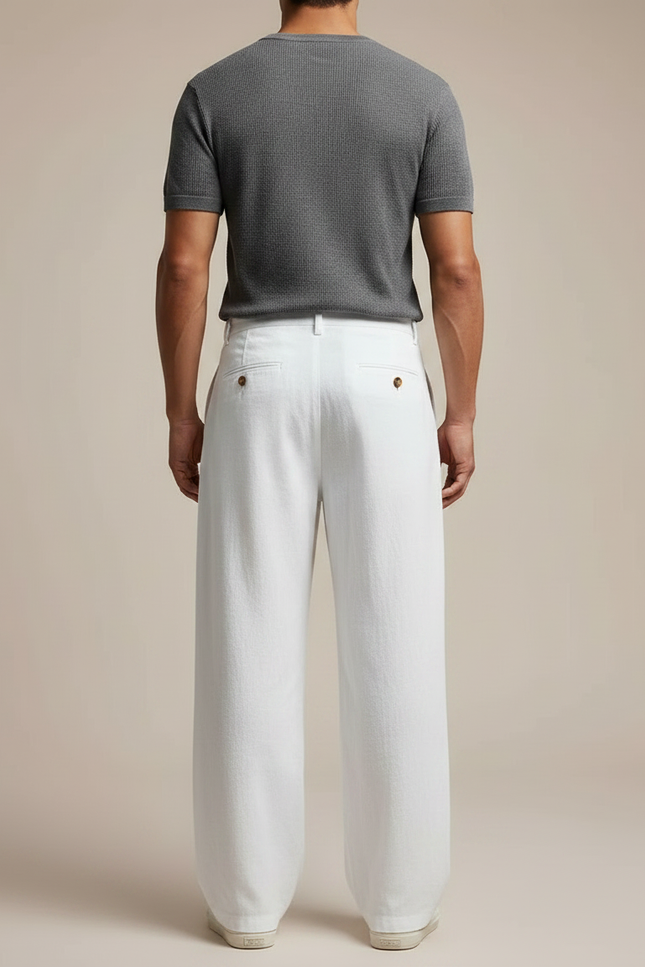 Pantalon Japonais Blanc Lin Ample Décontracté Boutons - vue 2