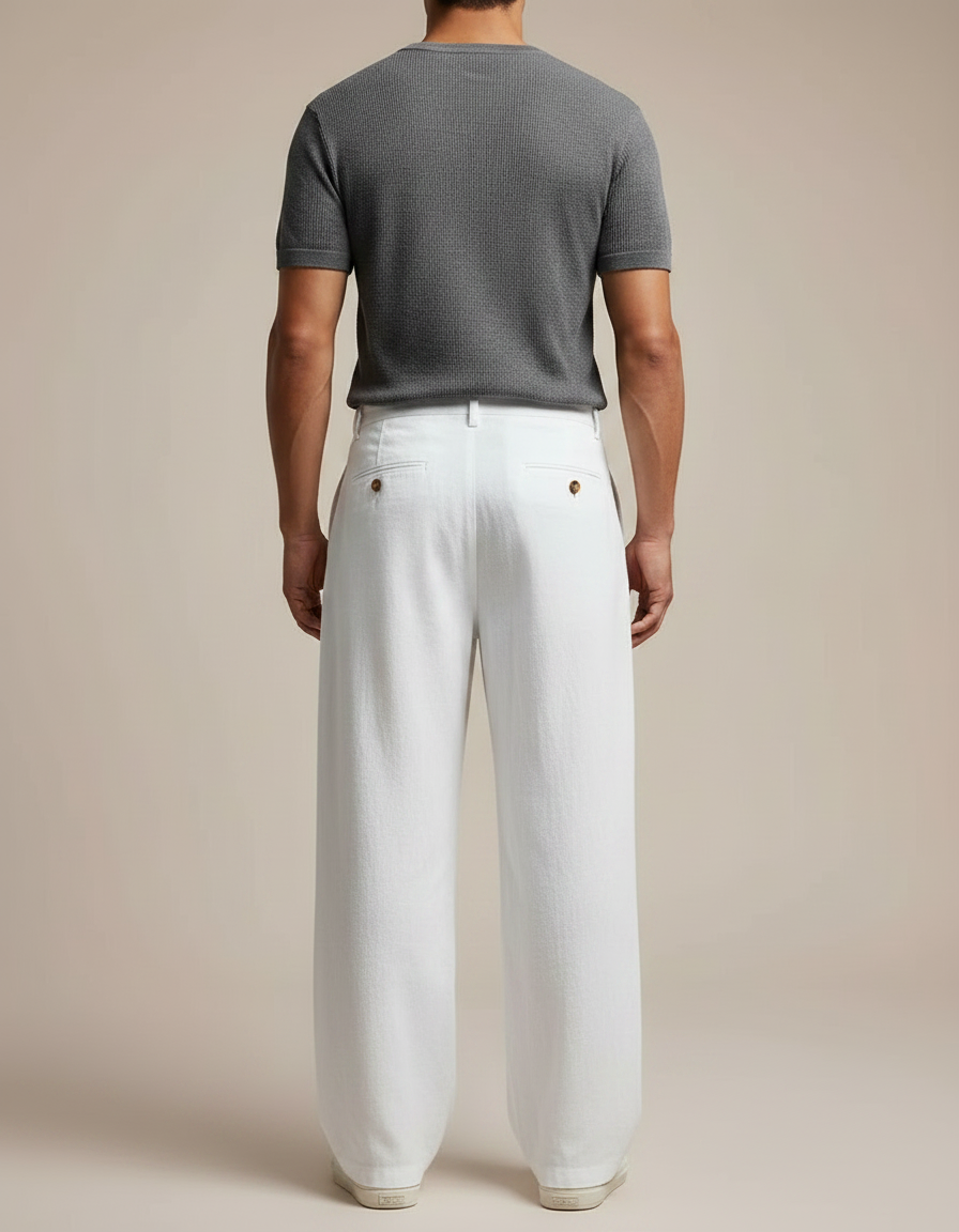 Pantalon Japonais Blanc Lin Ample Décontracté Boutons - vue 2
