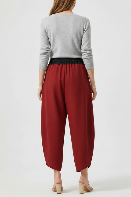 Pantalon Japonais Rouge Ample Dragon Brodé Fluide - Bordeaux Lin - vue 2