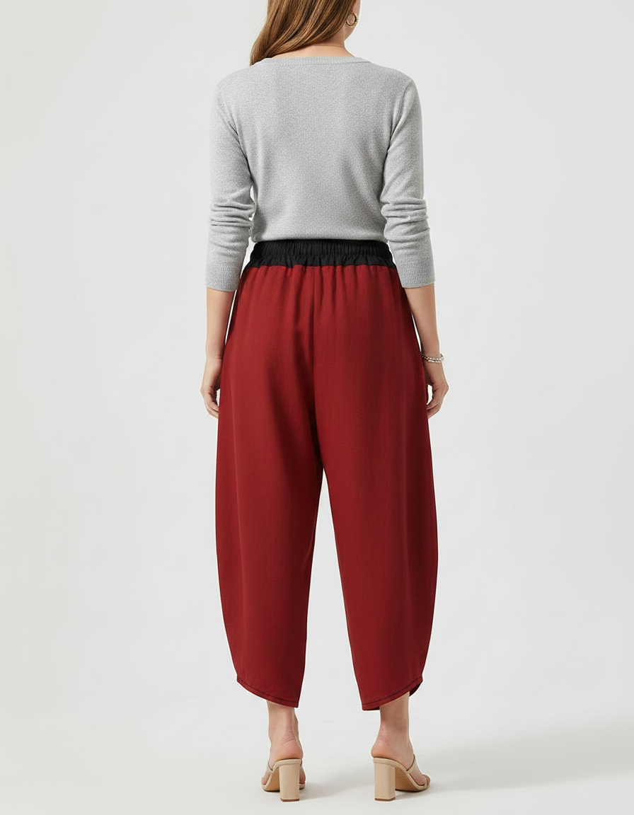 Pantalon Japonais Rouge Ample Dragon Brodé Fluide - Bordeaux Lin - vue 2