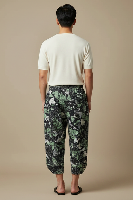 Pantalon Japonais Sarouel Ample Imprimé Feuillage Vert Homme - Viscose - vue 2