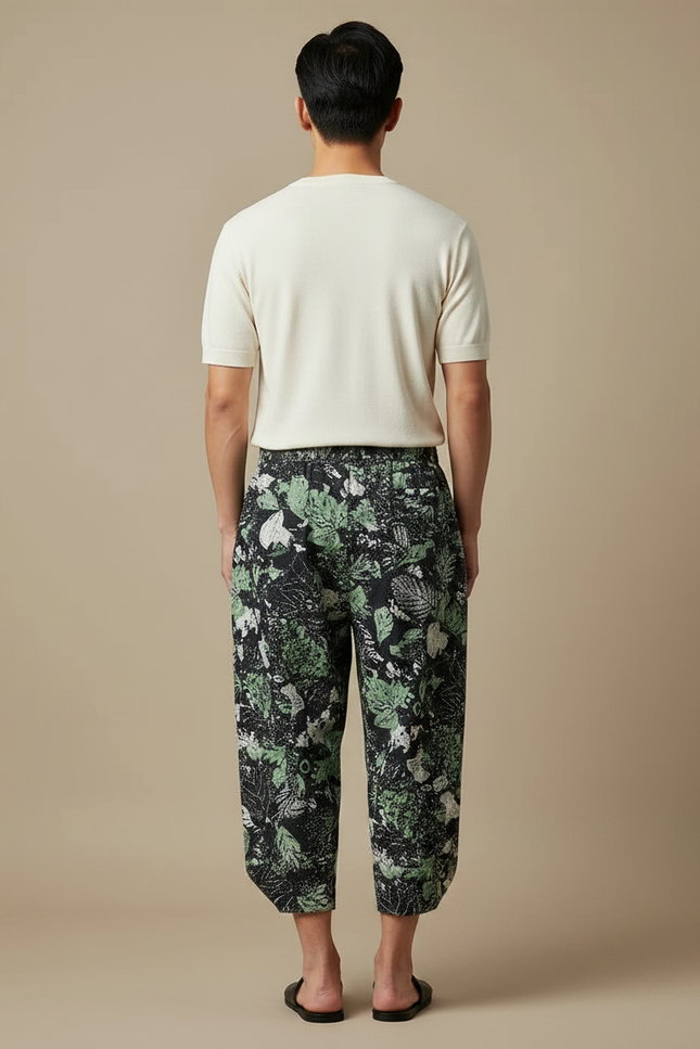 Pantalon Japonais Sarouel Ample Imprimé Feuillage Vert Homme - Viscose - vue 2