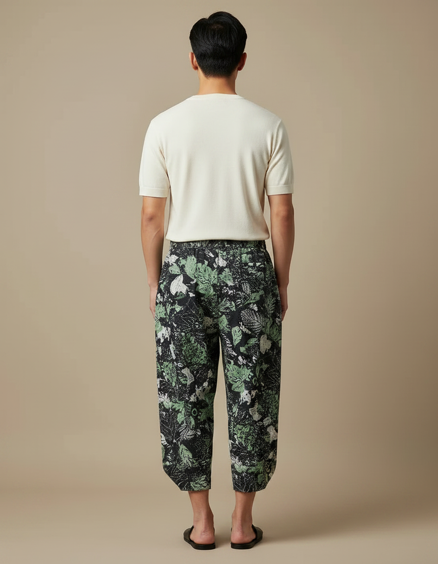Pantalon Japonais Sarouel Ample Imprimé Feuillage Vert Homme - Viscose - vue 2