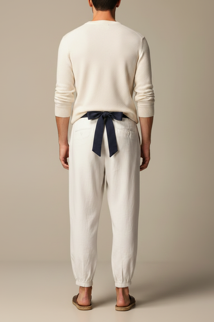 Pantalon Japonais Crème Ample Ceinturé Coton Homme - Beige - vue 2