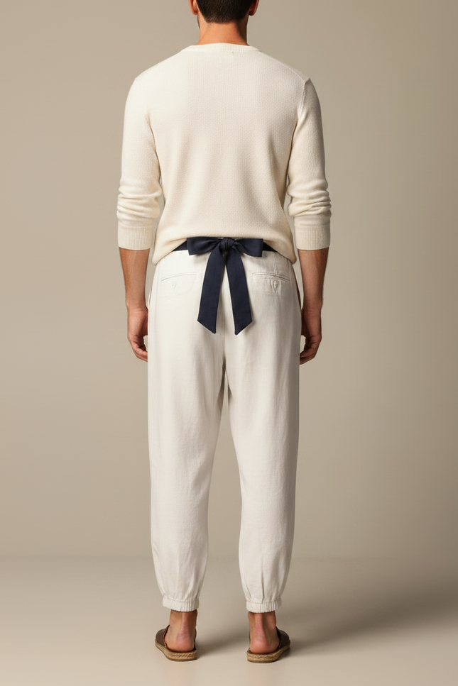 Pantalon Japonais Crème Ample Ceinturé Coton Homme - Beige - vue 2