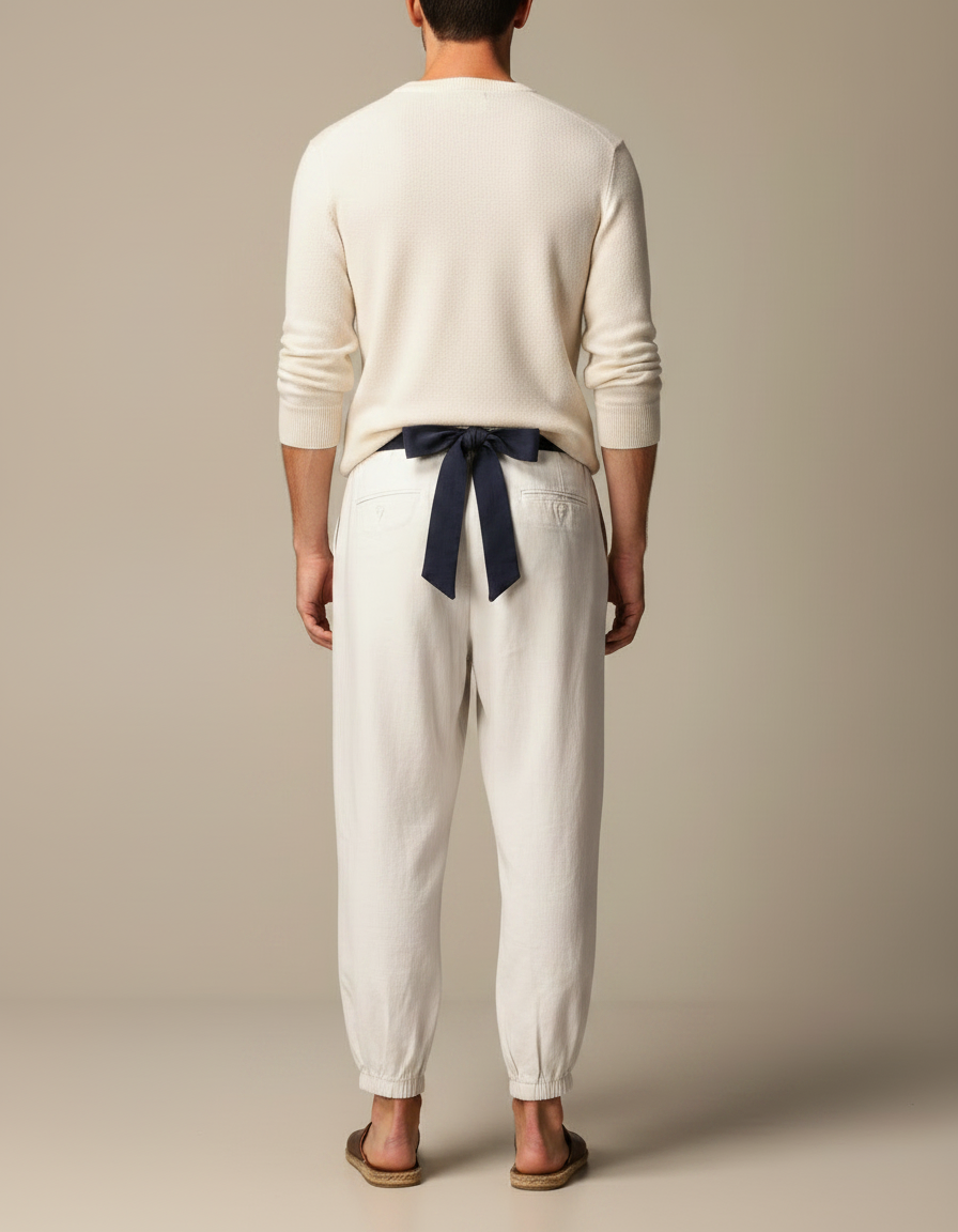 Pantalon Japonais Crème Ample Ceinturé Coton Homme - Beige - vue 2