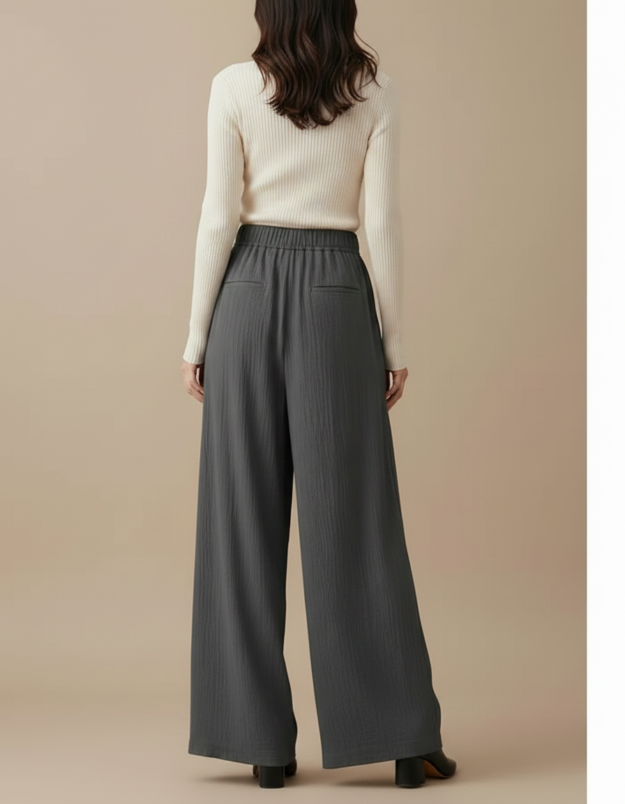 Pantalon Japonais Large Fluide Gris Décontracté Femme - Lin - vue 2