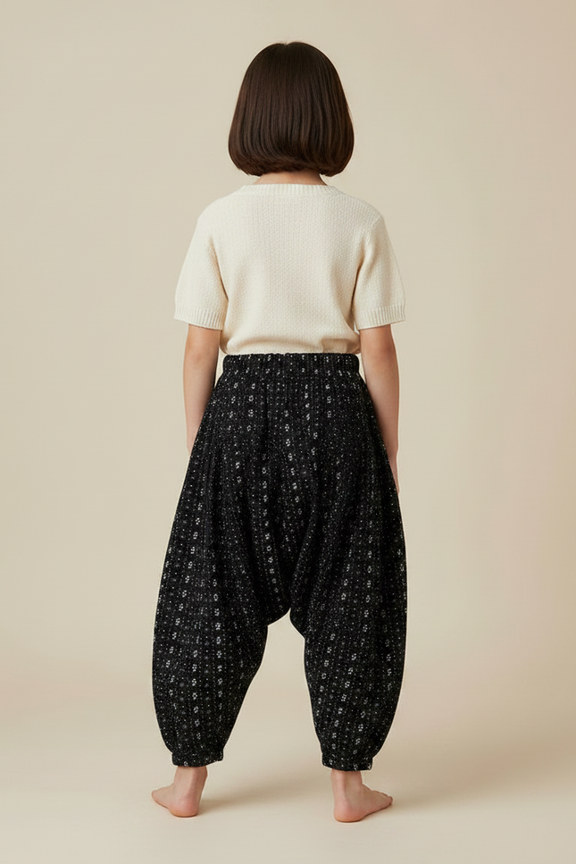 Pantalon Japonais Harem Noir Imprimé Floral Enfant - Viscose - vue 2