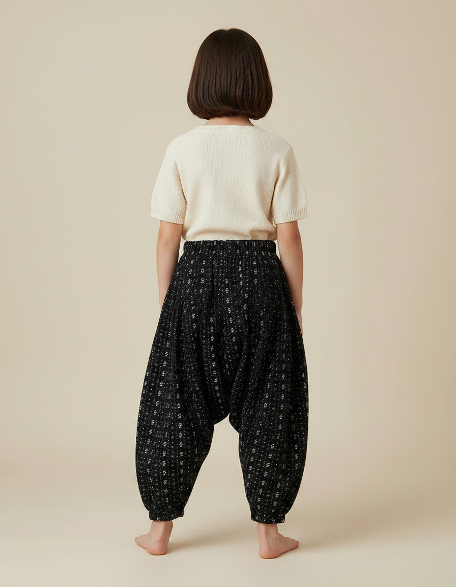 Pantalon Japonais Harem Noir Imprimé Floral Enfant - Viscose - vue 2