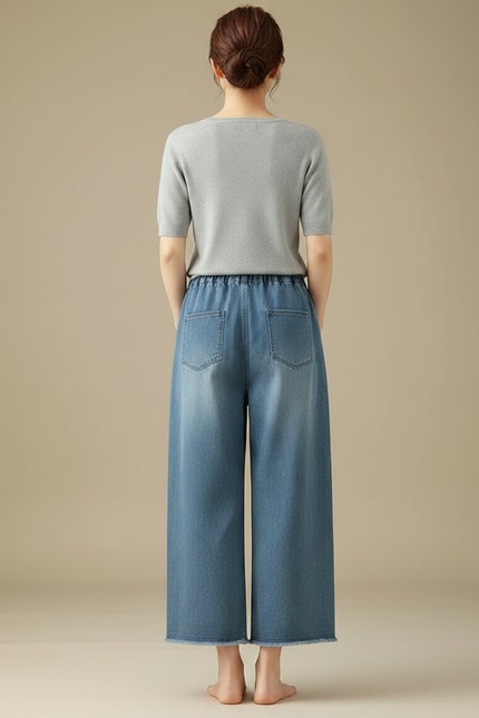Pantalon Japonais Denim Ample Fleuri Brodé Femme Décontracté - Bleu Jean - vue 2
