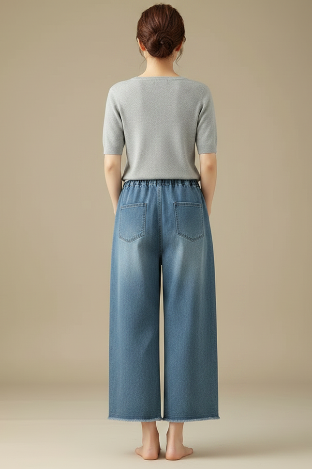 Pantalon Japonais Denim Ample Fleuri Brodé Femme Décontracté - Bleu Jean - vue 2