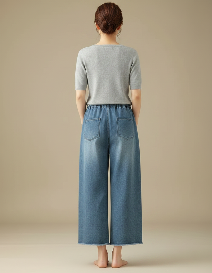 Pantalon Japonais Denim Ample Fleuri Brodé Femme Décontracté - Bleu Jean - vue 2