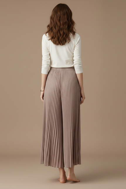 Pantalon Japonais Plissé Fluide Ample Élégant Marron - Polyester - vue 2