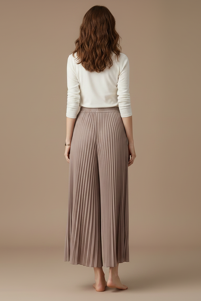 Pantalon Japonais Plissé Fluide Ample Élégant Marron - Polyester - vue 2