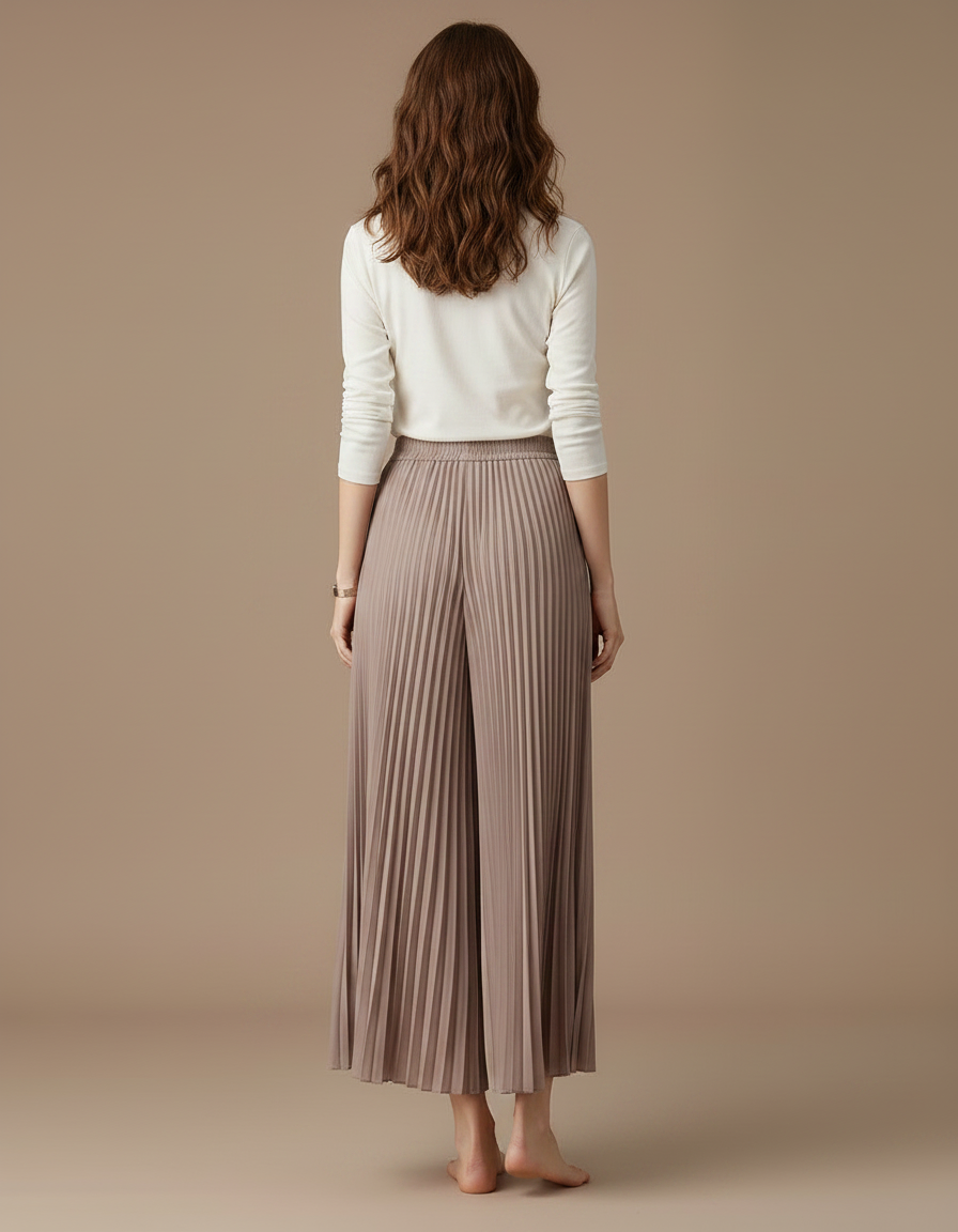 Pantalon Japonais Plissé Fluide Ample Élégant Marron - Polyester - vue 2