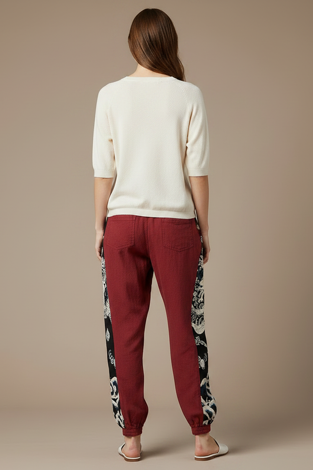 Pantalon Japonais Rouge Imprimé Dragon Ample Lin Coton - Bordeaux - vue 2