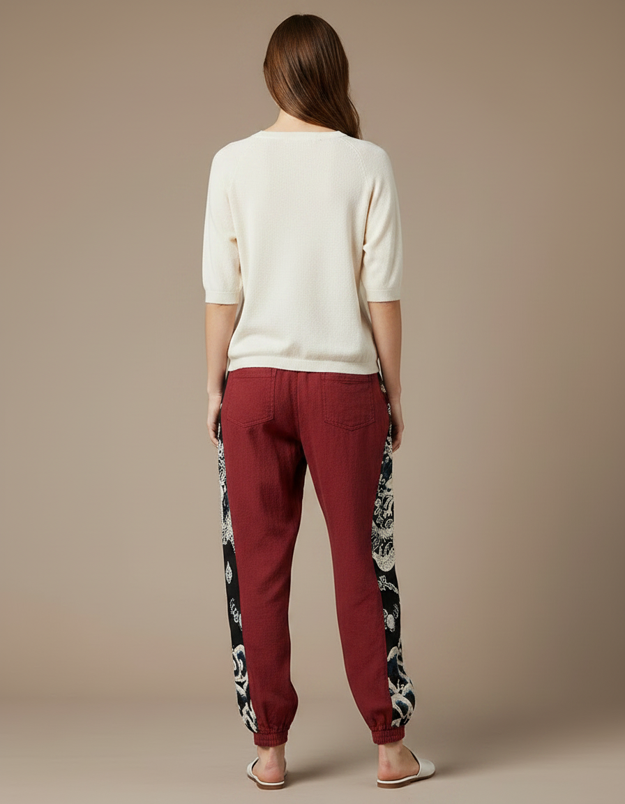 Pantalon Japonais Rouge Imprimé Dragon Ample Lin Coton - Bordeaux - vue 2